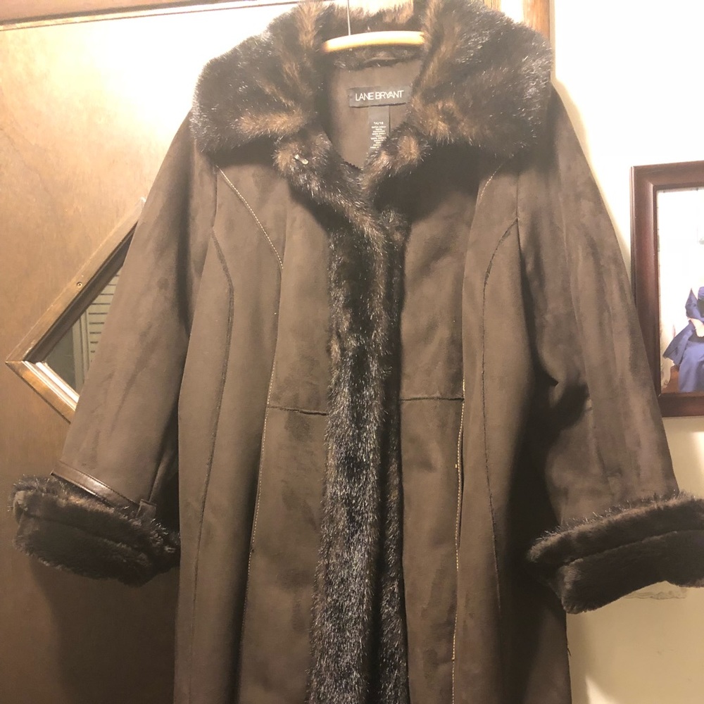 Lane Bryant Suede Coat with Faux Fur Trim
